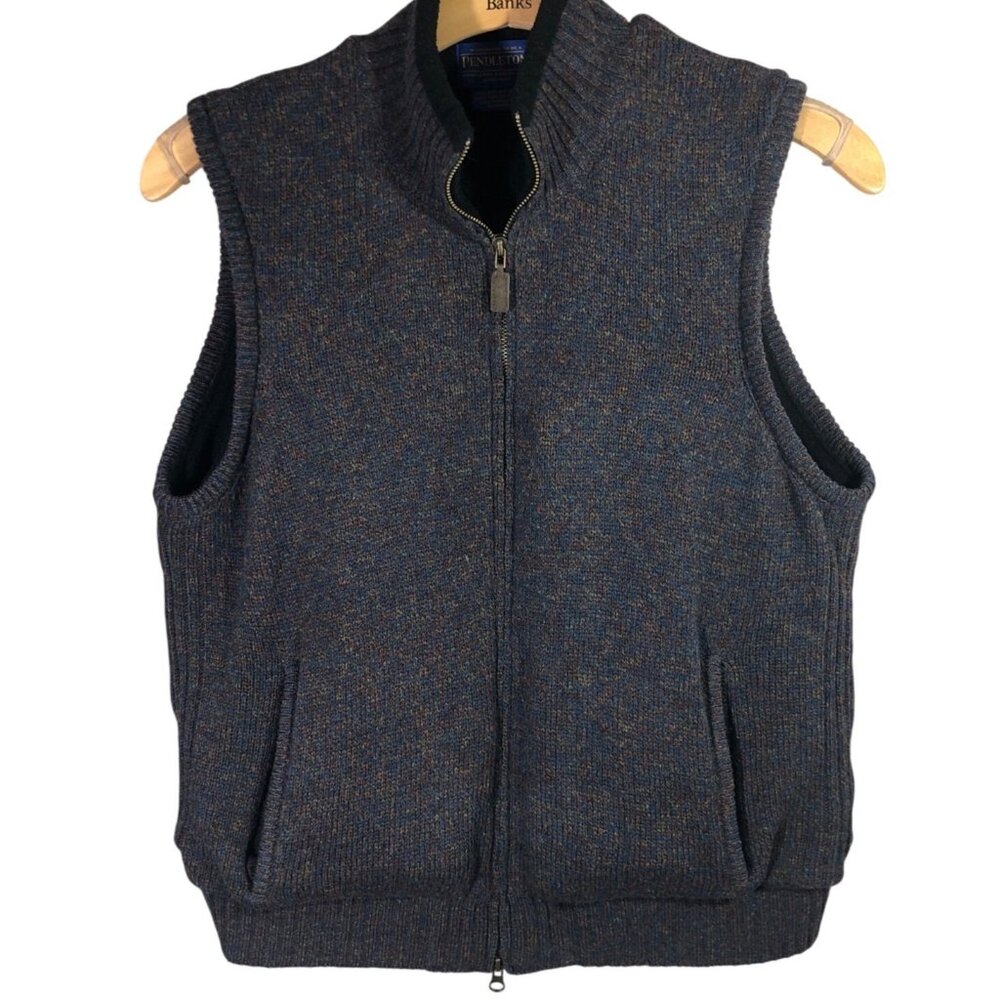 Pendleton Vest Mens M Shetland Wool Full Zip Fleece Lined Pockets Blue - Picture 10 of 13